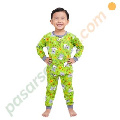 Setelan Tidur Anak Lengan Panjang Mom's Gift – Motif Beruang & Mie (Hijau Cerah, XXL)