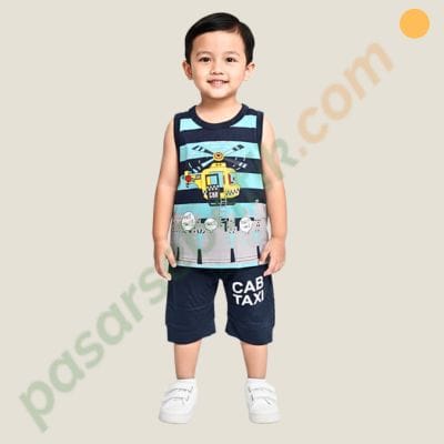 Setelan Singlet Anak Laki-Laki Domino Original Karakter Helikopter 31700461 Bahan Katun Premium Adem Usia 2-3 Tahun Size 1
