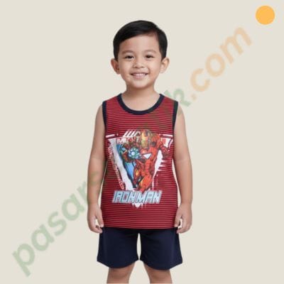 Setelan Singlet Anak Laki-Laki Domino Original Karakter Iron Man 31700464 Bahan Katun Premium Tebal Adem Usia 3-4 Tahun Size 2